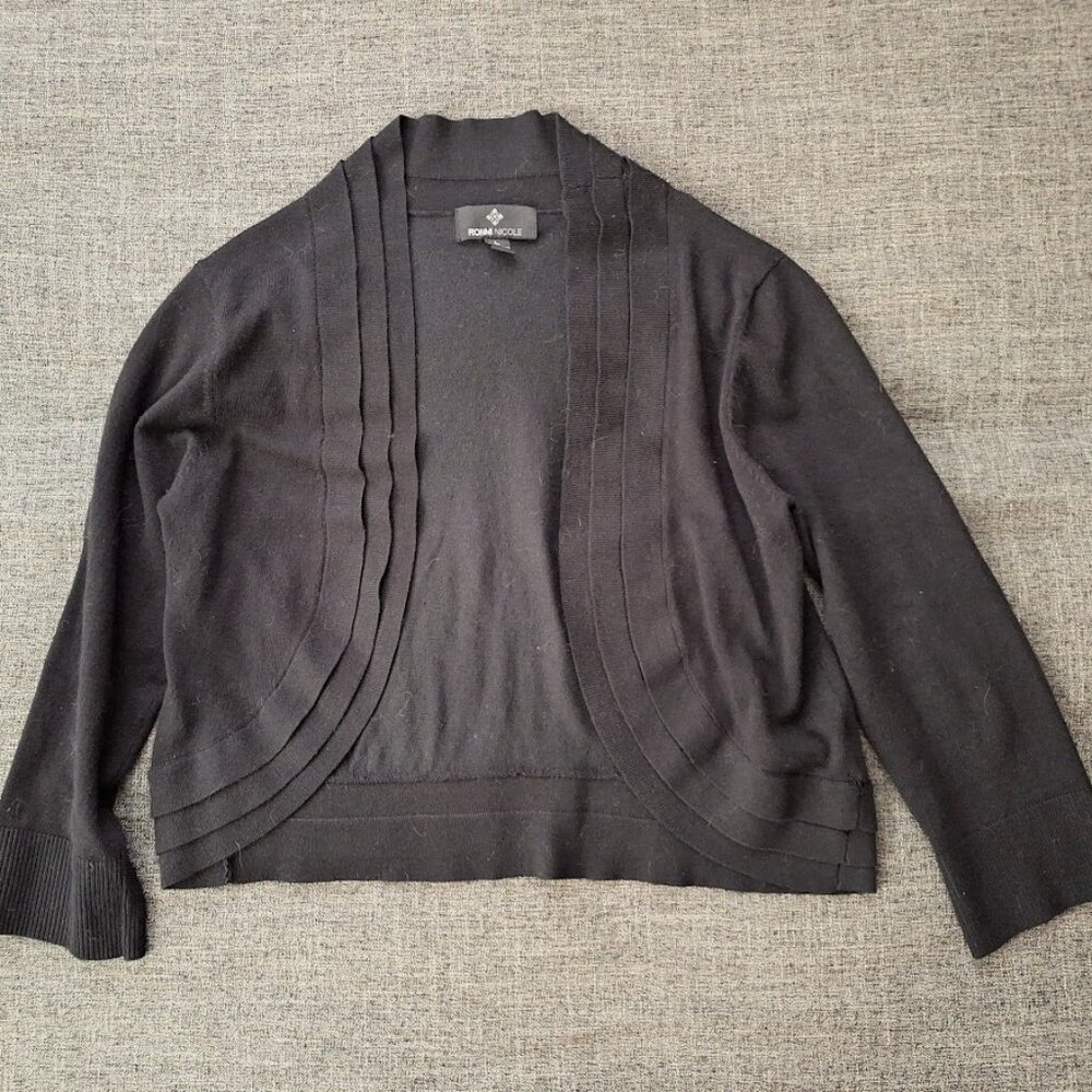Ronni Nicole Black Open Shrug, Size L, with ruffles